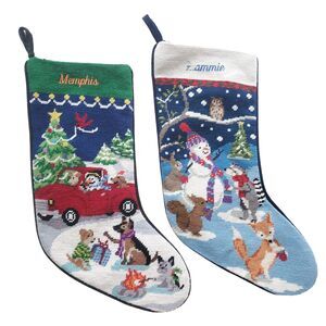 Lands End Christmas Stockings Needlepoint Wool Lot 2 PERSONALIZED Mantel Decor